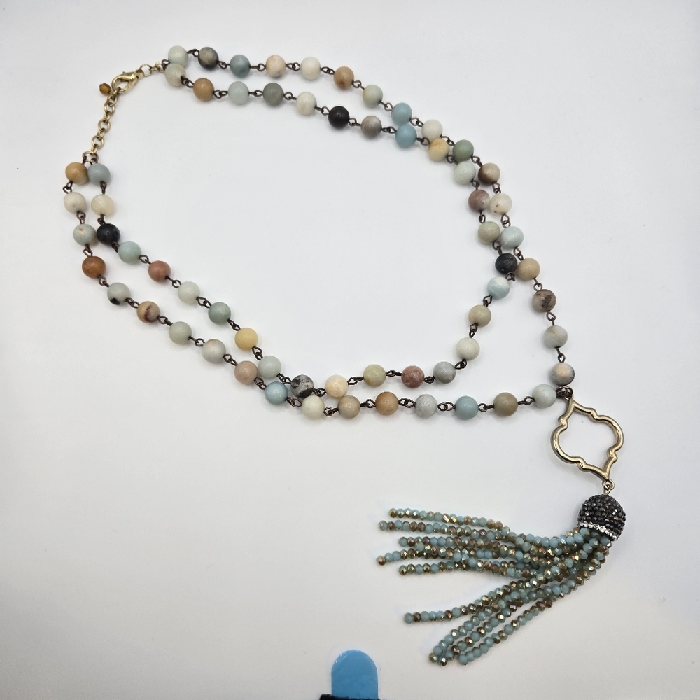 Jade Jadite Amazonite Bead Necklace Crystal Tassel Moroccan Fairy Boho